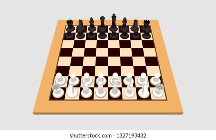 Board Game "Chess" with Black and White Pieces on Board in White Side View - Vector Illustration
