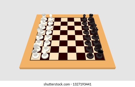 Board Game "Chess" with Black and White Pieces on Board in Side View - Vector Illustration