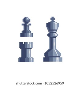 Board game chess pixel art style icons set chess piece pawn queen tower isolated vector illustration. Design for logo, sticker, app. Game assets 8-bit sprite.