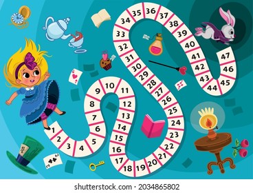 Board Game for Children In Alice in Wonderland theme. Illustration of a board game with fairy tale background. Vector illustration.
