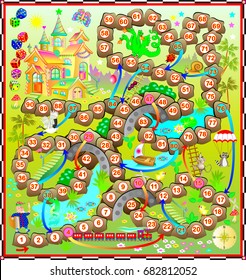 A board game for children with a dice. Map of a fairytale country. Vector cartoon image.