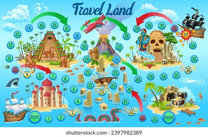Board game for children of fairy tales. Kids board game with characters, animals, castle, pyramid and cave. Step board game with numbered snake path.
