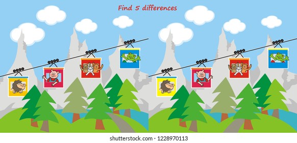 Board game for children, find five differences, animals take a cable car to the mountains, funny vector illustration
