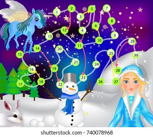 A board game for children is a winter fairytale. Snow Maiden, Pegasus, snowman and hare