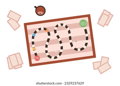 Board game with chips, dice and cards, top view. Vector isolated flat illustration, children entertainment, logical educational toy. Playing field with start and finish.