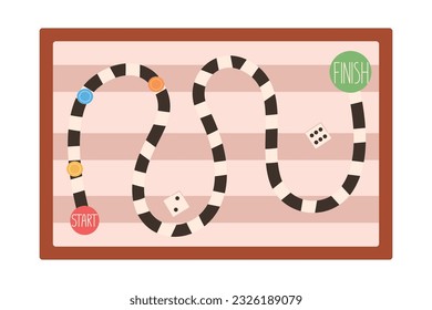 Juego de mesa con fichas, dados, manos de la gente, vista superior. Ilustración plana vectorial aislada, entretenimiento infantil, juguete educativo lógico. Campo de juego con inicio y fin.