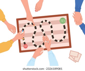 Juego de mesa con fichas, dados, manos de la gente, vista superior. Ilustración plana vectorial aislada, entretenimiento infantil, juguete educativo lógico. Campo de juego con inicio y fin.