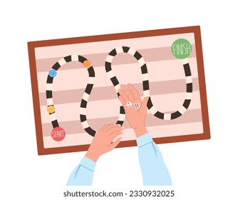 Board game with chips, dice, people hands, top view. Vector isolated flat illustration, children entertainment, logical educational toy. Playing field with start and finish.