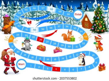 Juego de mesa con plantilla vectorial de rompecabezas de ruta de Navidad. Fondo de vacaciones de invierno con dados de juego, pasos y flechas numerados, dibujos animados de Santa Claus, árbol y regalos de Navidad, animales y cajas de regalo