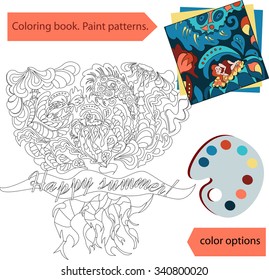 Board game coloring pictures with fantastic plants and flowers, fairies and elves. Versions of colors and color sample. Cartoon flat characters. EPS10.