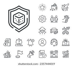 Board game cube sign. Salaryman, gender equality and alert bell outline icons. Dice line icon. Casino gambling symbol. Dice line sign. Spy or profile placeholder icon. Online support, strike. Vector