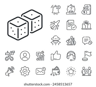 Board game cube sign. Salaryman, gender equality and alert bell outline icons. Dice line icon. Casino gambling symbol. Dice line sign. Spy or profile placeholder icon. Online support, strike. Vector