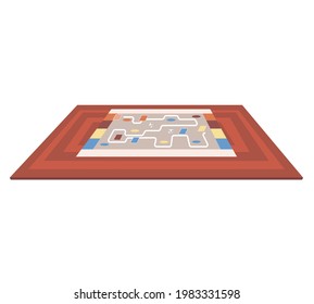 Juego de mesa con cubos y camino por recorrer. Mapa multicolor con ruta para terminar la línea para ganar. Juego de mesa para rodar dados e ir a terminar en el camino. Calle y cubos para jugar aislados en fondo blanco