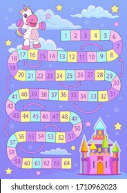 Board game with cute unicorn. Game for kids. Activity page for birthday party. Printable family game. Playing template. Worksheet with education riddle. Vector illustration. 