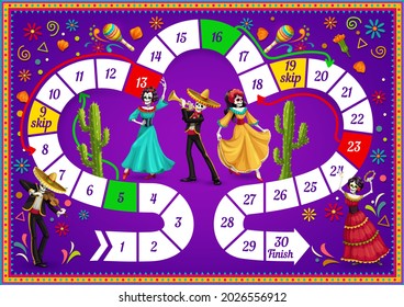 Board game with Dia de los Muertos characters. Vector kids dice game, puzzle or maze, labyrinth template with numbered steps and arrows, Mexican Halloween holiday skulls, calavera Catrina, skeletons