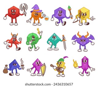 Juego de mesa de dados mascota personajes. Juego de fantasía con formas geométricas temáticas jugando dados para juegos de mesa aislado conjunto de ilustración vectorial. Diferentes cristales de colores con veneno, hacha, espada y llama