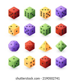 Board game dice. Role playing different sided game dice collection, family gaming and casino gambling pieces of various shapes. Vector polyhedral dices isolated set. Colorful realistic cubes with