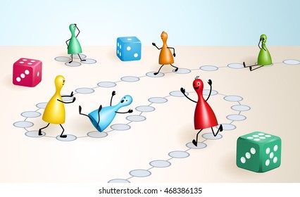 Board game with dices and ludo figures, that behave well or badly like real people