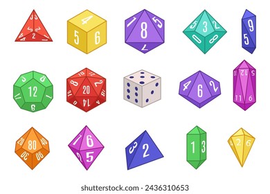 Board game dices. Various dice set for tabletop role playing games, geometric multi-sided dice isolated vector illustration set. Gambling, random chance for winning in casino. colorful objects