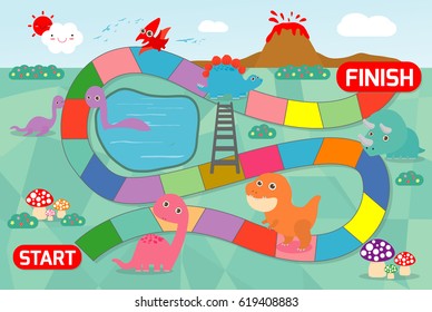 Board game with Dinosaurs background. Kids game vector illustration