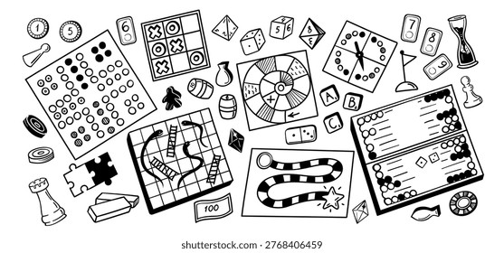 Board game doodle vector set with tabletop strategy and family leisure games, dice, chips, pawn, domino, puzzle, tic tac toe, snake and ladder, spinner, hourglass and backgammon outline