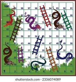 Board game dragon and ladder 100 steps on green background. Ready to print.