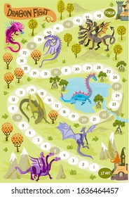 Board game with dragons, in fantasy adventure land with landscape illustration vector