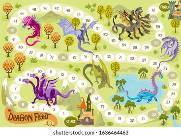 Board game with dragons, in fantasy adventure land with landscape illustration vector