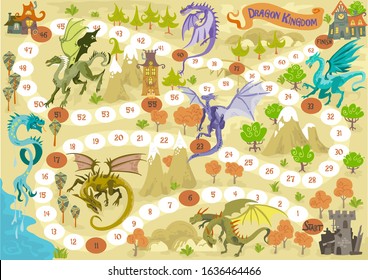 Board game with dragons, in fantasy adventure land with landscape illustration vector