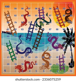 Board game dragons and ladders - 100 steps - beach in background. Ready to print