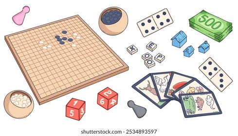 Board game for family and children leisure and recreation design. Cartoon vector illustration set of different boardgame elements - checkered map with chips, dice and cards, domino pieces and figures.