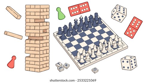 Board game for family, friends and children home leisure. Cartoon vector illustration set of different boardgame elements - chess figures on checkerboard and wooden jenga tower, dice and domino pieces