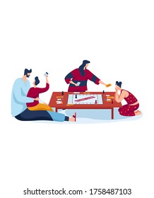 board for game, family has fun, father and mother enjoy talking with children, design in cartoon style vector illustration. Isolated on white. Happy man and a contented woman, boy and girl, relaxing.