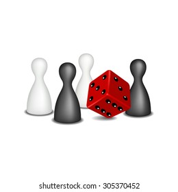 Board game figures in black and white design and red dice 