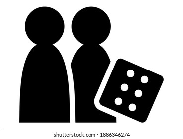 Figuras del juego de mesa y dados en diseño blanco y negro, icono del vector