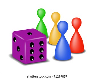 Board game figures with purple dice