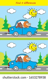 Board game, find five differences, animals, bear and lion drive blue car, at background is trees and sky with sun and clouds