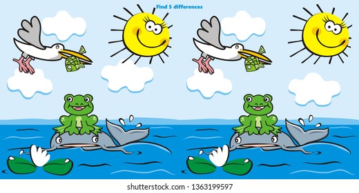 Board game, find five differenes, group of animals on the lake, vector illustration