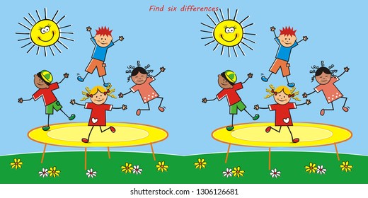 Board game, find six differences, jumping kids on trampoline, vector illustration