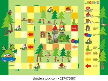 Board game, find way to the tower, leisure activity, vector illustration