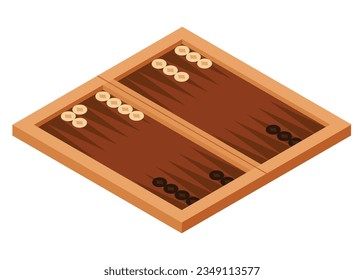 Board game, flat isometric view. Isolated colored icon of backgammon. Cartoon family table game for adults and kids for leisure and recreation. Vector illustration