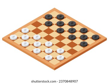 Board game, flat isometric view. Isolated colored icon of checkerboard. Cartoon family table game for adults and kids for leisure and recreation. Vector illustration