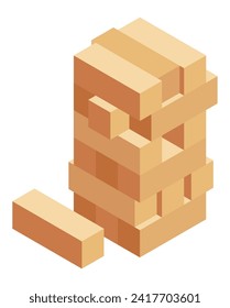 Juego de mesa, vista isométrica plana. Icono de jenga de color aislado. Juego de mesa familiar para adultos y niños para el ocio y la recreación. Ilustración del vector