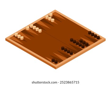 Board game, flat isometric view. Isolated colored icon of backgammon. Cartoon family table game for adults and kids for leisure and recreation. Vector illustration