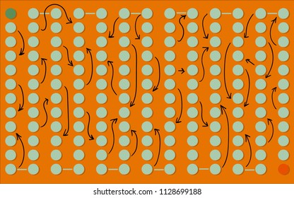 A board game in the form of a field with round cages and arrows.