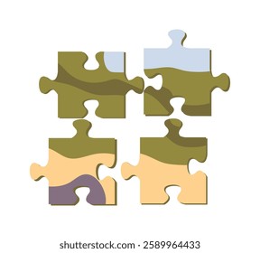 Board game fun activities. Vector isolated jigsaw puzzles pieces showing landscape nature. Join parts of mosaics for picture. Hobby and leisure time for adults and kids, family nights together