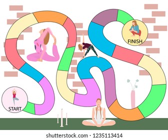 A board game with girls, yoga design. Vector Illustration. Preschool Kindergarten Worksheet.