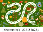 Board game with gnome items, autumn leaves and garden tools. Kids vector step boardgame worksheet with watering can, mushrooms, snail and ladder. Moth, lantern, cutters, veggies, frog and butterfly