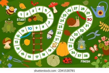 Board game with gnome items, autumn leaves and garden tools. Kids vector step boardgame worksheet with watering can, mushrooms, snail and ladder. Moth, lantern, cutters, veggies, frog and butterfly