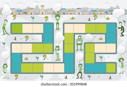 Board game with green people on the city. Green park.